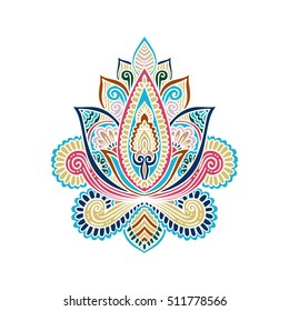 Vector ornamental Lotus flower, ethnic art, patterned Indian paisley. Hand drawn illustration. Invitation element. Tattoo, astrology, alchemy, boho and magic symbol