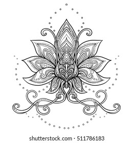 Vector ornamental Lotus flower, ethnic art, patterned Indian paisley. Hand drawn illustration. Tattoo, astrology, alchemy, boho and magic symbol. 