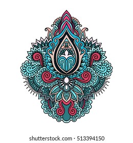 Vector ornamental Lotus flower, ethnic art, patterned Indian paisley. Hand drawn illustration. original design in doodle and zentangle style. Tattoo, astrology, alchemy, boho and magic symbol