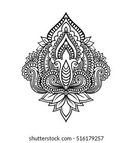Vector ornamental Lotus flower, ethnic art, patterned Indian paisley isolated on white background.design for adult antistress relax coloring page. Invitation element. Tattoo, astrology, boho symbol