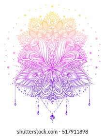 Vector ornamental Lotus flower, ethnic art, patterned Indian paisley. Hand drawn illustration. Invitation element. Tattoo, astrology, alchemy, boho and magic symbol.