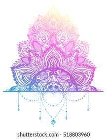 Vector ornamental Lotus flower, ethnic art, patterned Indian paisley. Hand drawn illustration. Invitation element. Tattoo, astrology, alchemy, boho and magic symbol.