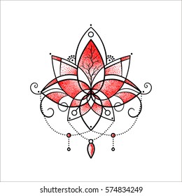 Vector ornamental Lotus flower, ethnic art, red. Hand drawn illustration. Dotwork tattoo, astrology, alchemy, boho, magic symbol. Poster, t-shirt design. Coloring book for kids and adults.