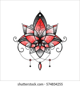 Vector ornamental Lotus flower, ethnic art, black and red. Hand drawn illustration. Dotwork tattoo, astrology, alchemy, boho, magic symbol. Poster, t-shirt design. Coloring book for kids and adults.