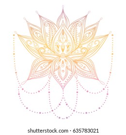 Vector ornamental Lotus flower, ethnic art, patterned Indian paisley. Hand drawn illustration. Invitation element. Tattoo, astrology, alchemy, boho and magic symbol.