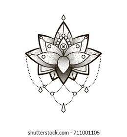 Vector ornamental Lotus flower, ethnic art, black. Hand drawn illustration. Dotwork tattoo, astrology, alchemy, boho, magic symbol. Poster, t-shirt design. Coloring book for kids and adults.