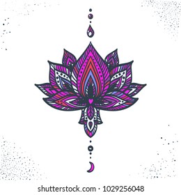 Vector ornamental Lotus flower, hand drawn ethnic illustration. Tattoo, astrology, alchemy, boho design element.