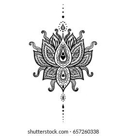 Vector ornamental Lotus flower, hand drawn ethnic illustration. Tattoo, astrology, alchemy, boho design element.
