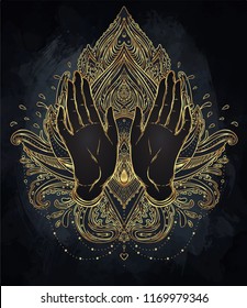 Vector ornamental Lotus flower and praying hands, patterned Indian paisley in gold. Inticate illustration. Invitation element. Tattoo, astrology, alchemy, boho and magic symbol.