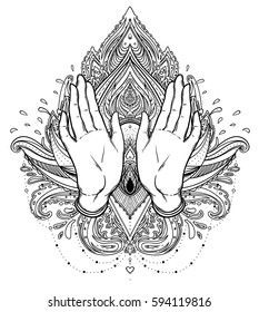 Vector ornamental Lotus flower and praying hands, patterned Indian paisley. Inticate illustration. Invitation element. Tattoo, astrology, alchemy, boho and magic symbol. Coloring book for adults.