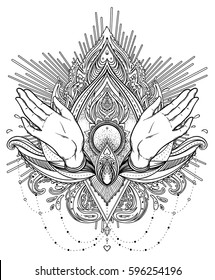 Vector ornamental Lotus flower and praying hands, patterned Indian paisley. Inticate illustration. Invitation element. Tattoo, astrology, alchemy, boho and magic symbol. Coloring book for adults.