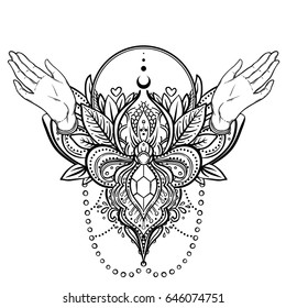 Vector ornamental Lotus flower and praying hands, patterned Indian paisley. Inticate illustration. Invitation element. Tattoo, astrology, alchemy, boho and magic symbol. Coloring book for adults.