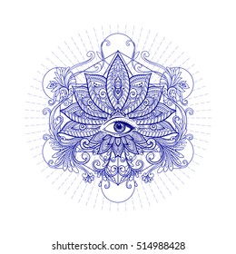 Vector ornamental Lotus flower, sacred geometry, eye. Hand drawn illustration. Tattoo, astrology, alchemy, boho and magic symbol. 