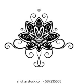 Vector ornamental Lotus flower or Water lily, ethnic art, black. Hand drawn illustration. Tattoo, astrology, alchemy, boho, magic symbol. Poster, t-shirt design. Coloring book.
