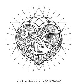 Vector ornamental Love Heart with sacred geometry and eye. Hand drawn illustration. Tattoo or astrology, alchemy, boho and magic symbol. 