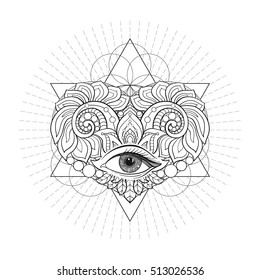 Vector ornamental Love Heart with sacred geometry and eye. Hand drawn illustration. Tattoo or astrology, alchemy, boho and magic symbol. 