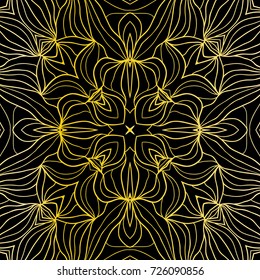 Vector ornamental mandala background. Vintage pattern for wedding card, invitation, scrapbooking, mehndi and yoga design, coloring book, laser cut. Gold on black.