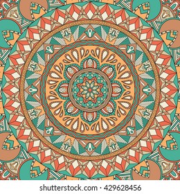 Vector ornamental mandala with a combination of floral, wavy and geometric motifs. Colorful ethnic background, lace ornament. Indian, asian, african, arabic motives. 