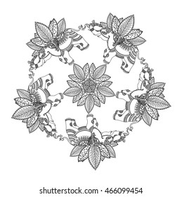 Vector ornamental mandala with elephant and stylized floral elements. Hand drawn fashion illustration in bohemian style for print, card, textile and other trendy design. Black and white line art.