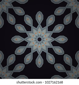 Vector ornamental mandala inspired ethnic art, patterned Indian paisley. Tattoo, astrology, alchemy, boho and magic symbol. Seamless pattern in gray, blue and black colors. Invitation element.