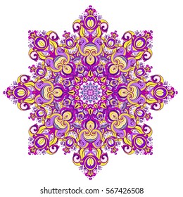 Vector ornamental mandala inspired ethnic art, patterned Indian paisley. Hand drawn illustration. Invitation element. Tattoo, astrology, alchemy, boho and magic symbol.