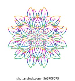 Vector ornamental mandala inspired ethnic art, patterned Indian paisley. Hand drawn illustration. Invitation element. Tattoo, astrology, alchemy, boho and magic symbol.