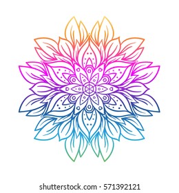 Vector ornamental mandala inspired ethnic art, patterned Indian paisley. Hand drawn illustration. Invitation element. Tattoo, astrology, alchemy, boho and magic symbol.