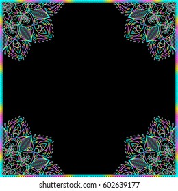 Vector ornamental mandala inspired ethnic art, patterned Indian paisley. Decorative frame. Hand drawn illustration. Invitation element. Tattoo, astrology, alchemy, boho and magic symbol.