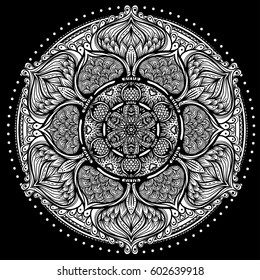 Vector ornamental mandala inspired ethnic art, patterned Indian paisley. Hand drawn illustration. Invitation element. Tattoo, astrology, alchemy, boho and magic symbol.