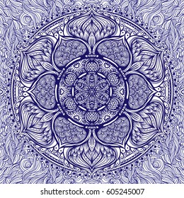 Vector ornamental mandala inspired ethnic art, patterned Indian paisley. Hand drawn illustration. Invitation element. Tattoo, astrology, alchemy, boho and magic symbol.
