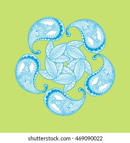 Vector ornamental mandala with  stylized floral paisley elements. Hand drawn fashion illustration in bohemian style for print, card, textile and other trendy design. Blue on green.