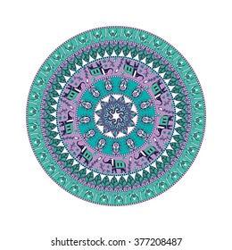 Vector ornamental mandala, tribal pattern with many details: birds, elephants, leaves, flowers, and more. Arabic, indian, african motif for background, cards, logo, banner, label, t-shirt, etc