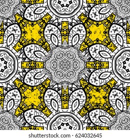 Vector ornamental mehndi pattern. Ornamental floral elements with henna tattoo, ornamental stickers, mehndi and yoga design, cards and prints. Pattern on yellow background with elements.