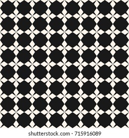 Vector ornamental pattern. Abstract geometric seamless texture with star shapes, crosses, rhombuses, square grid. Simple geometrical floral ornament, repeat tiles. Monochrome background, dark design 