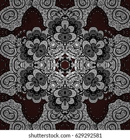Vector ornamental pattern with antique floral medieval decorative, leaves and white pattern ornaments on brown background. Ornamental royal luxury white baroque damask vintage.
