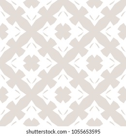 Vector ornamental pattern in Asian style. Subtle abstract geometric seamless texture with star shapes, floral figures, crosses, grid, lattice. Simple white and beige background. Delicate repeat design
