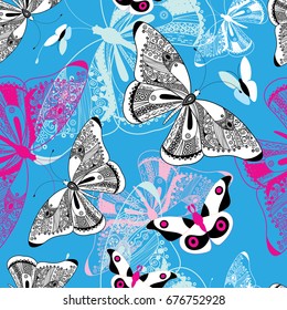 Vector ornamental pattern with butterflies on a blue background