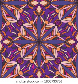 Vector ornamental pattern design of lined abstract flowers in psychedelic colors