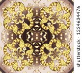 Vector ornamental pattern with gold antique floral medieval decorative, leaves and golden pattern ornaments on brown, beige and yellow colors. Ornamental royal luxury golden baroque damask vintage.