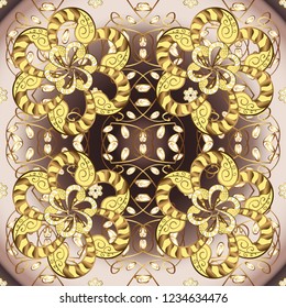 Vector ornamental pattern with gold antique floral medieval decorative, leaves and golden pattern ornaments on brown, beige and yellow colors. Ornamental royal luxury golden baroque damask vintage.