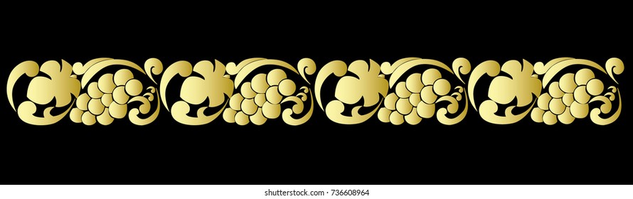 Vector ornamental  pattern with golden grapes and grape leaves on black background