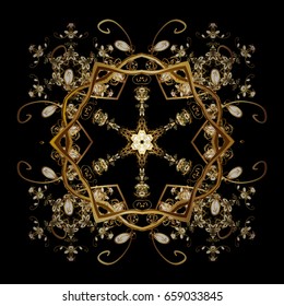 Vector ornamental pattern for holiday Thanksgiving day, a simple hand-drawn winter design on black background in goldencolors.