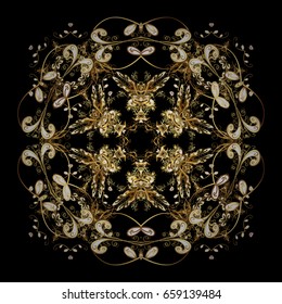 Vector ornamental pattern for holiday Thanksgiving day, a simple hand-drawn winter design on black background in goldencolors.