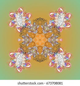 Vector ornamental pattern on colorful background. Winter background with snowflakes and dots.