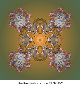 Vector ornamental pattern on colorful background. Winter background with snowflakes and dots.