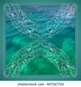 Vector ornamental pattern with shells and waves in doodle style on marine background. 