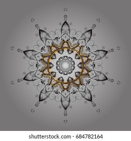 Vector ornamental pattern with stylized golden snowflakes. Winter, New Year, Christmas simple design on a grey background. Snow crystal regular texture on colors.