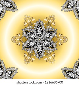 Vector ornamental pattern tile with mandalas. Vintage decorative elements. Hand drawn sketch on yellow, beige colors. Islam, Arabic, Indian, ottoman motifs. Perfect for printing on fabric or paper.
