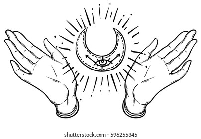 Vector ornamental praying hands with sacred geometry sign moon, patterned Indian paisley. Inticate illustration. Invitation element. Tattoo, astrology, alchemy, boho and magic symbol. Coloring book.