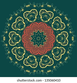 Vector ornamental round lace with damask and arabesque elements. Mehndi style. Orient traditional ornament.